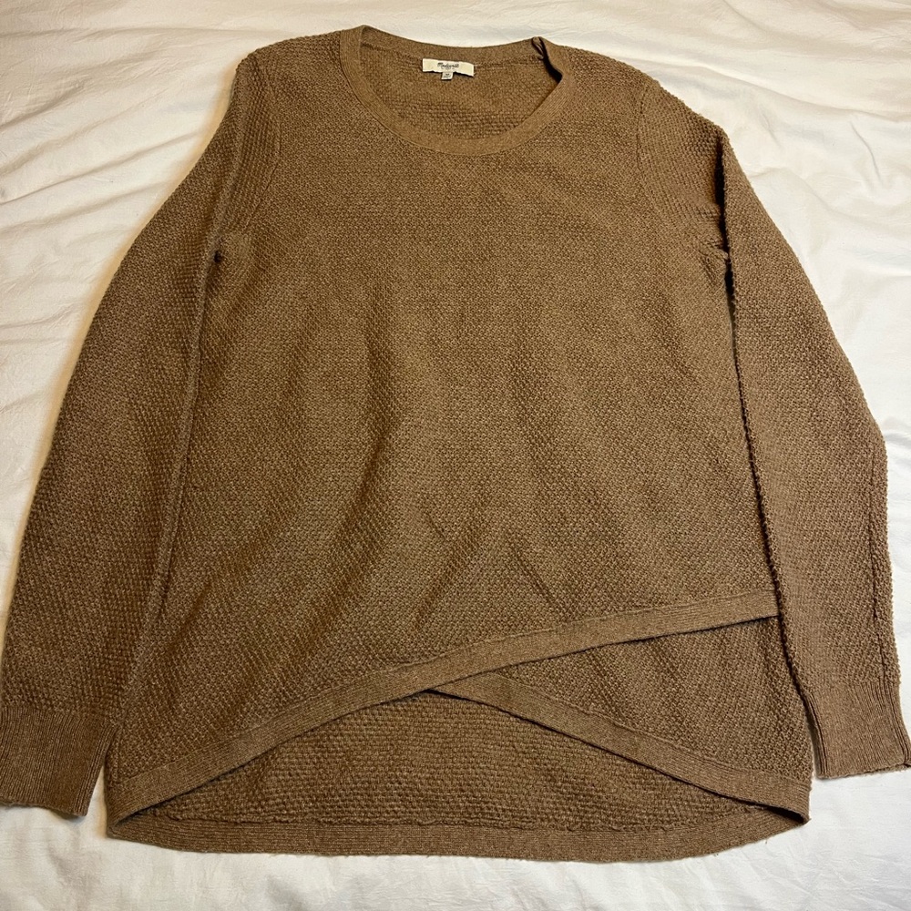 Madewell Brown Crossover Waffle Knit Crewneck Woven Sweater Women’s Size Medium - Picture 6 of 11
